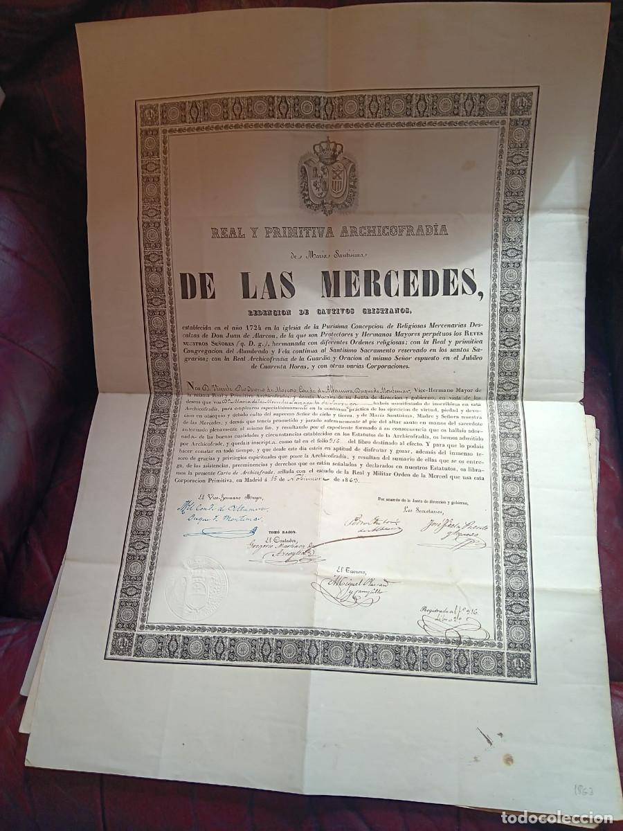 Documentos antiguos: DIPLOMA DE ARCHICOFRADE DE LA ARCHICOFRAD&Iacute;A DE LAS MERCEDES DE REDENCI&Oacute;N DE CAUTIVOS. 1863 MADRID