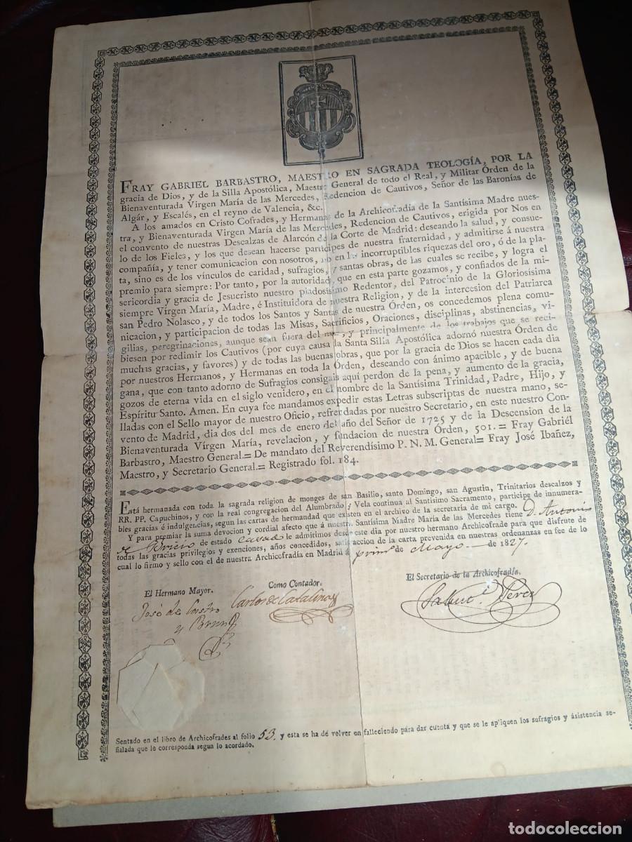 Documentos antiguos: DIPLOMA DE ARCHICOFRADE DE LA ARCHICOFRAD&Iacute;A DE LAS MERCEDES DE REDENCI&Oacute;N DE CAUTIVOS. 1827 MADRID
