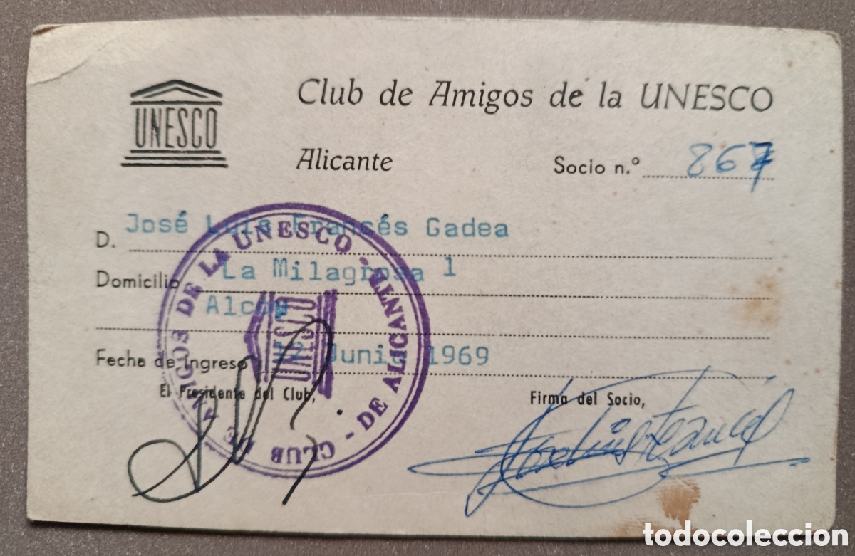 Documentos antiguos: Carnet del Club de Amigos de la Unesco 1969