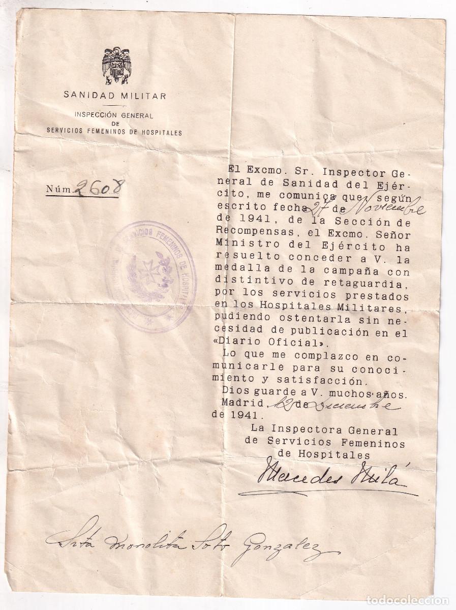 Documentos antiguos: INSPECTORA GENERAL DEL SERVICIO FEMENINO DE HOSPITALES COMUNICA MEDALLA GUERRA CIVIL. 1941
