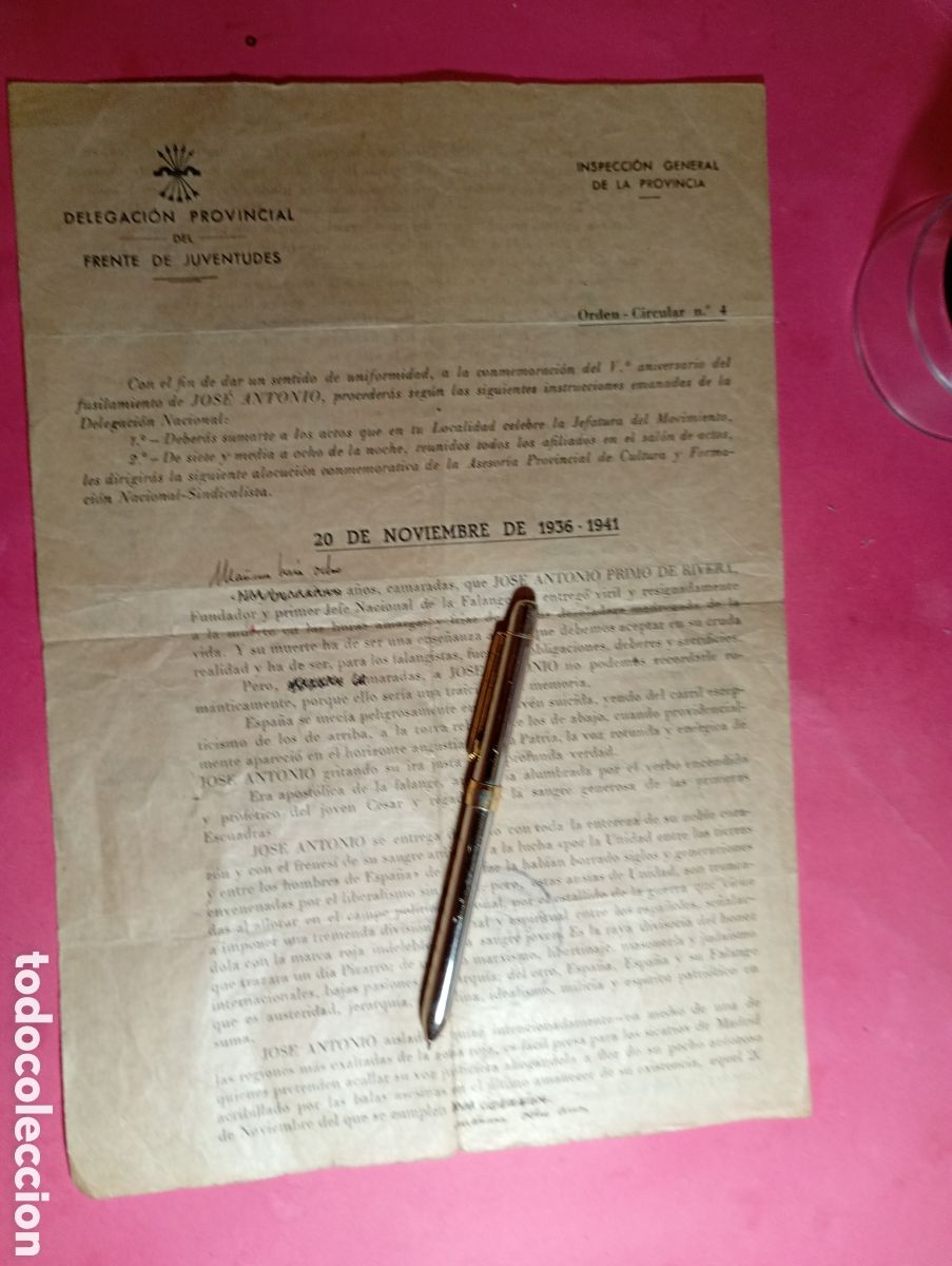 Documentos antiguos: FALANGE ESPA&Ntilde;OLA 1936 1941 INSTRUCCIONES CELEBRACI&Oacute;N V&ordm; ANIVERSARIO FUSILAMIENTO DE JOSE ANTONIO