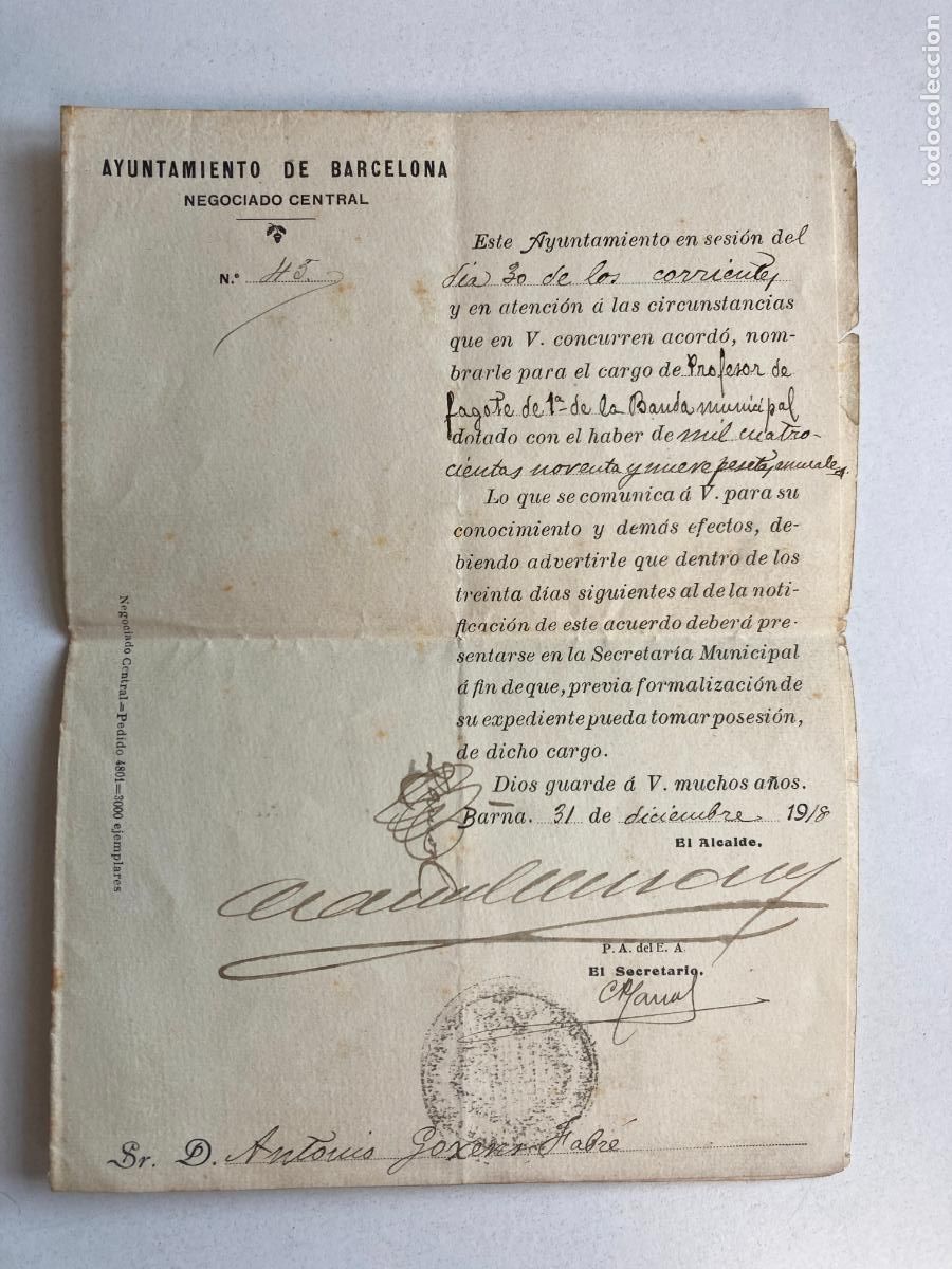 Documentos antiguos: AYUNTAMIENTO DE BARCELONA, NOMBRAMIENTO DE UN PROFESOR DE FAGOTE A&Ntilde;O 1918, FIRMA ALCALDE