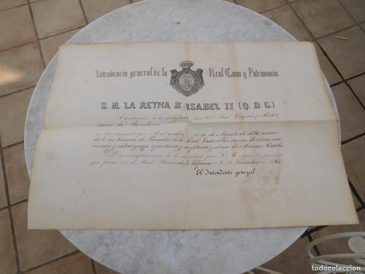 Documentos antiguos: Titulo de proveedor de vinos y confiter&iacute;a de la real casa 1861. Restaurante 7 Puertas Barcelona