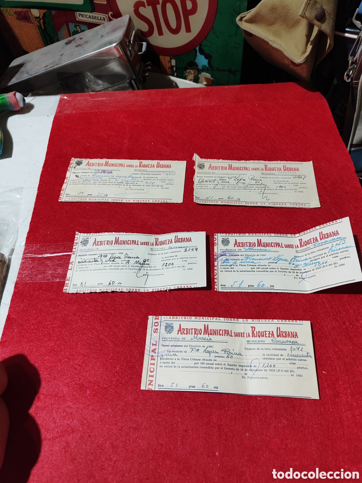 Documentos antiguos: Lote 5 resguardos ARBITRIO MUNICIPAL SOBRE LA RIQUEZA URBANA a&ntilde;os 50/60 de Caravaca