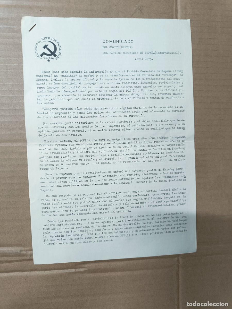 Documentos antiguos: ANTIGUO COMUNICADO, PANFLETO, PCE(I) PARTIDO COMUNISTA ESPA&Ntilde;A ( INTERNACIONAL ) 1975 TRANSICION -P27