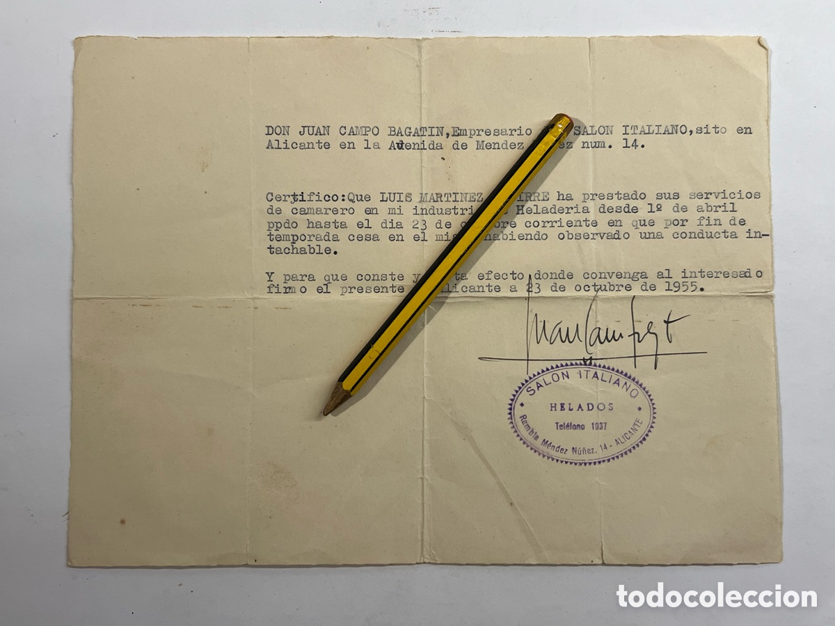 Documentos antiguos: ALICANTE. SALON ITALIANO.. Certificado de buena conducta de un empleado camarero.. (a.1955)