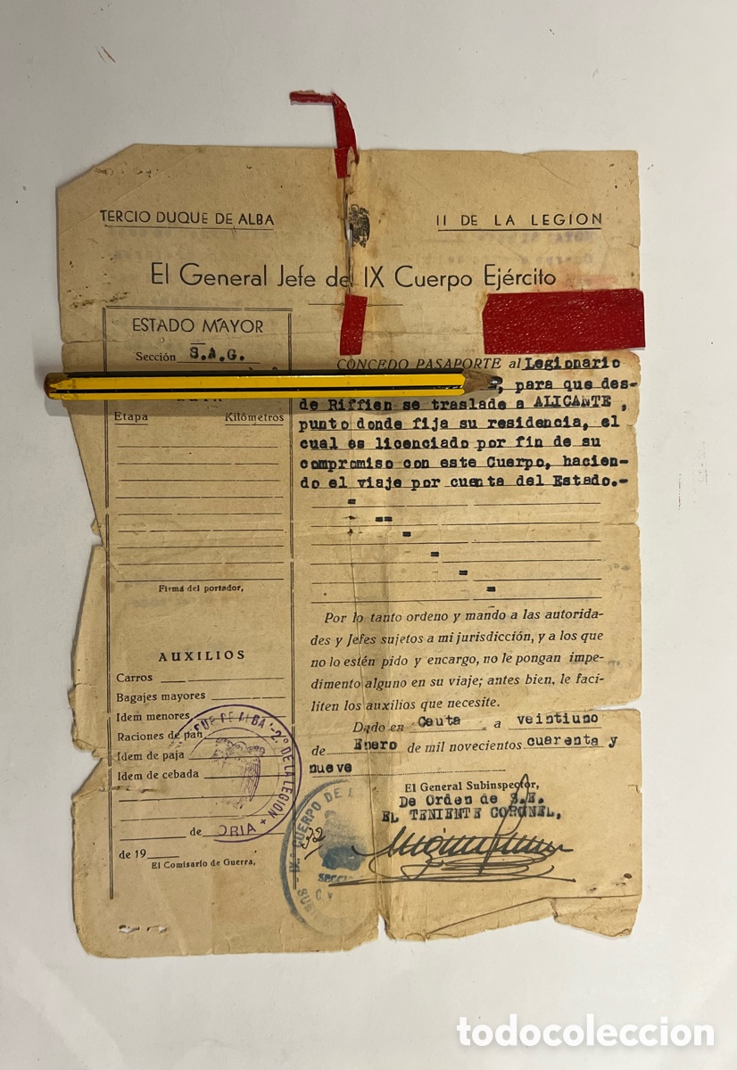 Documentos antiguos: TERCIO DUQUE DE ALBA. Legionario trasladado a su residencia Alicante.. fin de su compromiso (a.1949)