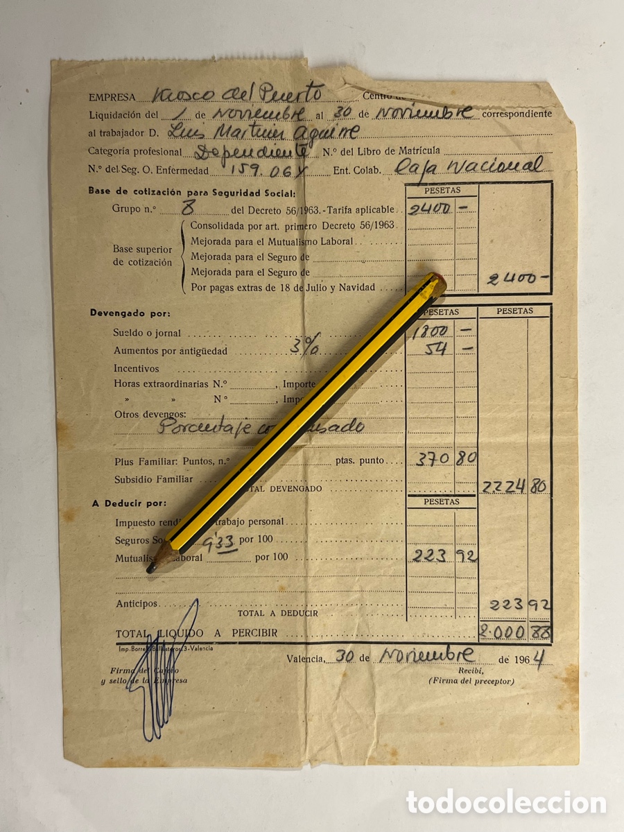 Documentos antiguos: VALENCIA. Kiosco del Puerto&hellip; Oficio Dependiente.. Nomina de un empleado (a.1964)