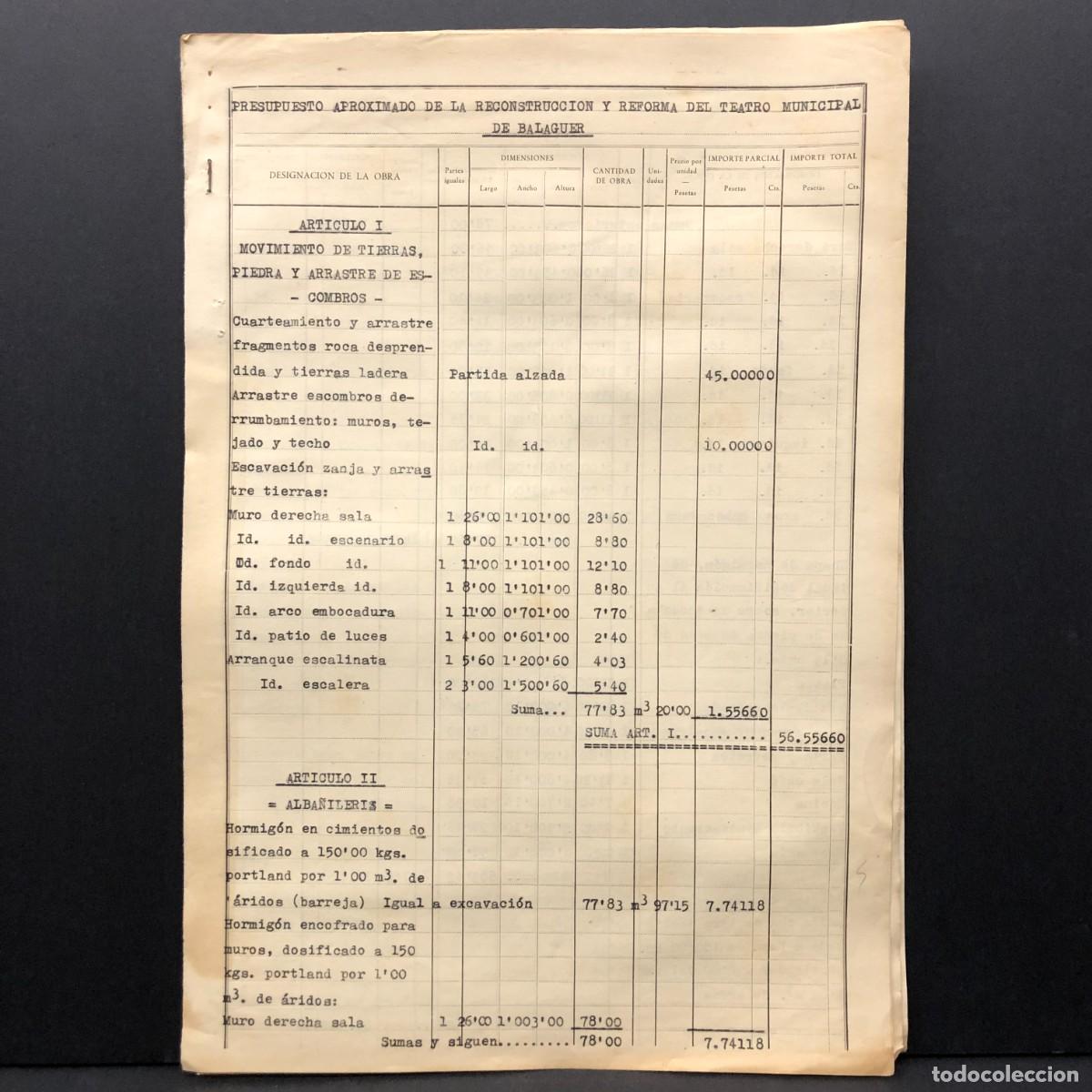 Documentos antiguos: PRESUPUESTO PARA LA RECONSTRUCCI&Oacute;N Y REFORMA DEL TEATRO MUNICIPAL DE BALAGUER - L&Eacute;RIDA 1945 / 485
