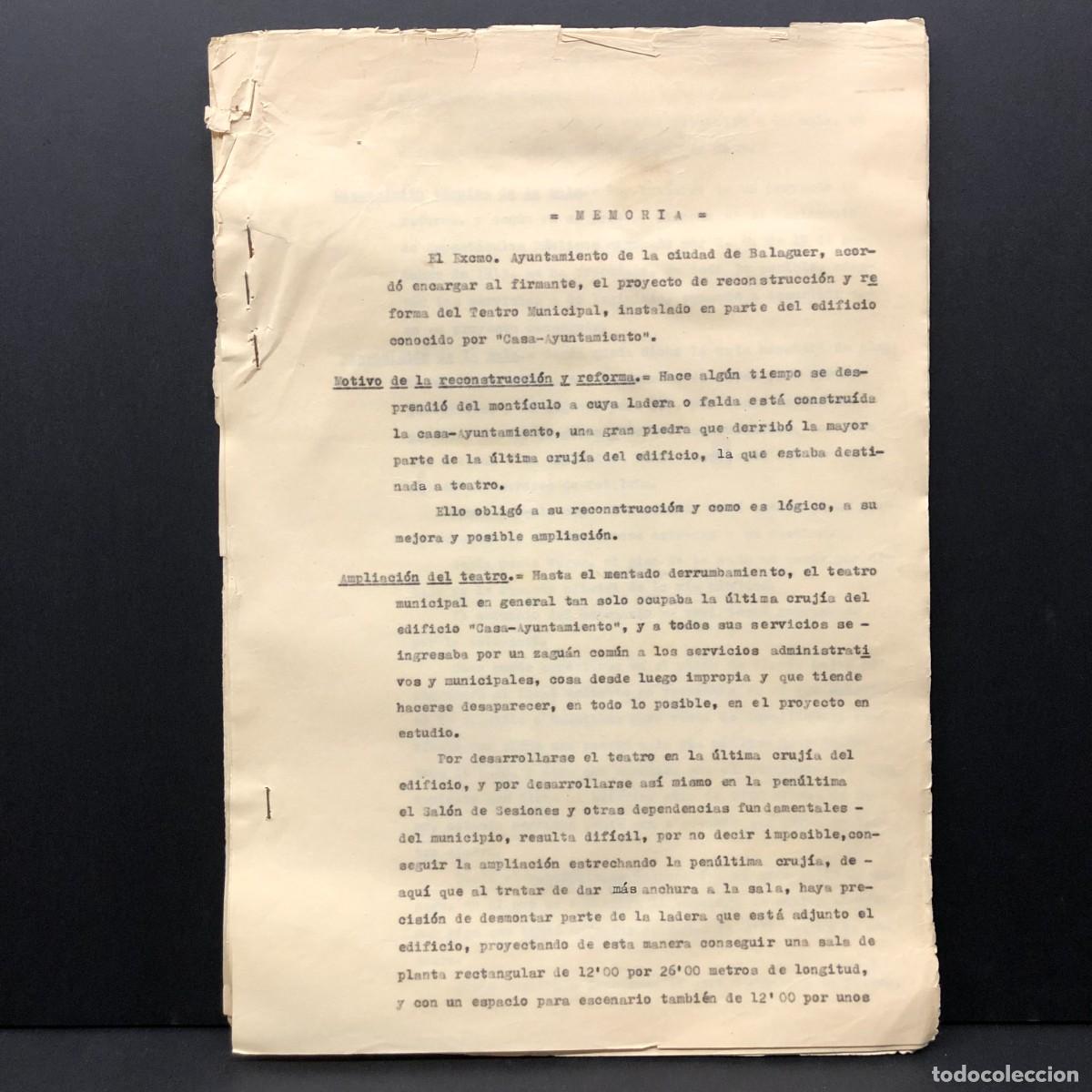 Documentos antiguos: MEMORIA DE LA RECONSTRUCCI&Oacute;N Y REFORMA DEL TEATRO MUNICIPAL DE BALAGUER - L&Eacute;RIDA 1945 / 487