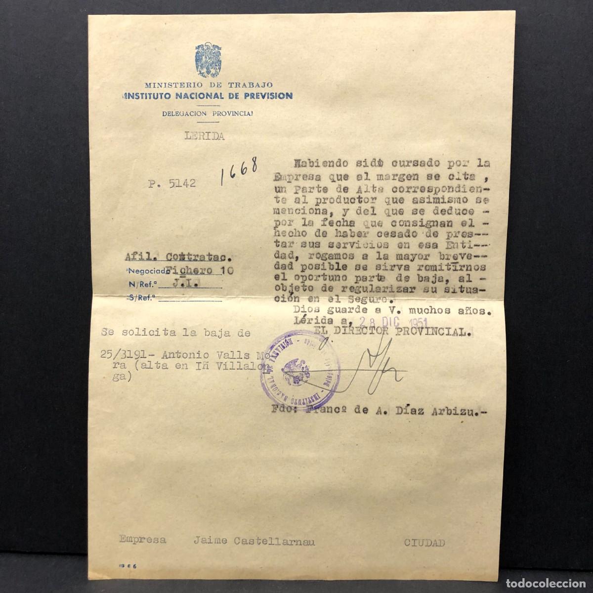 Documentos antiguos: CARTA DEL DIRECTOR PROVINCIAL DEL INSTITUTO NACIONAL DE PREVISION - L&Eacute;RIDA 1951 / 495