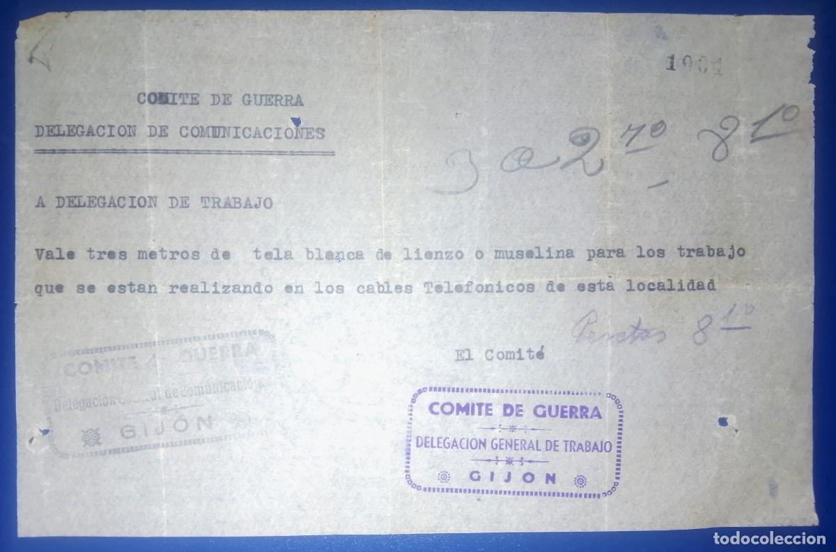 Documentos antiguos: ASTURIAS. Vale de la guerra civil para el comit&eacute; de guerra de Gij&oacute;n. Delegaci&oacute;n de comunicaciones