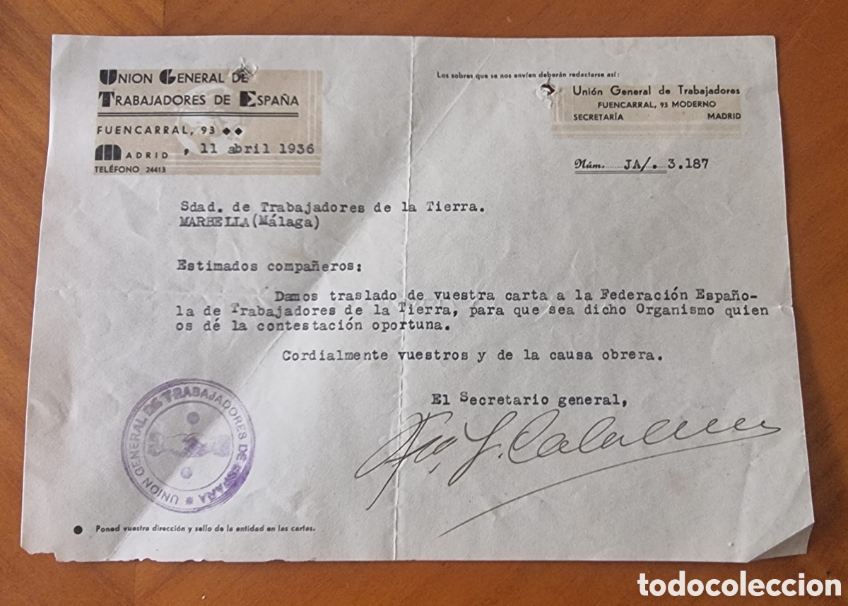 Documentos antiguos: Guerra Civil UGT Marbella M&aacute;laga buen documento original