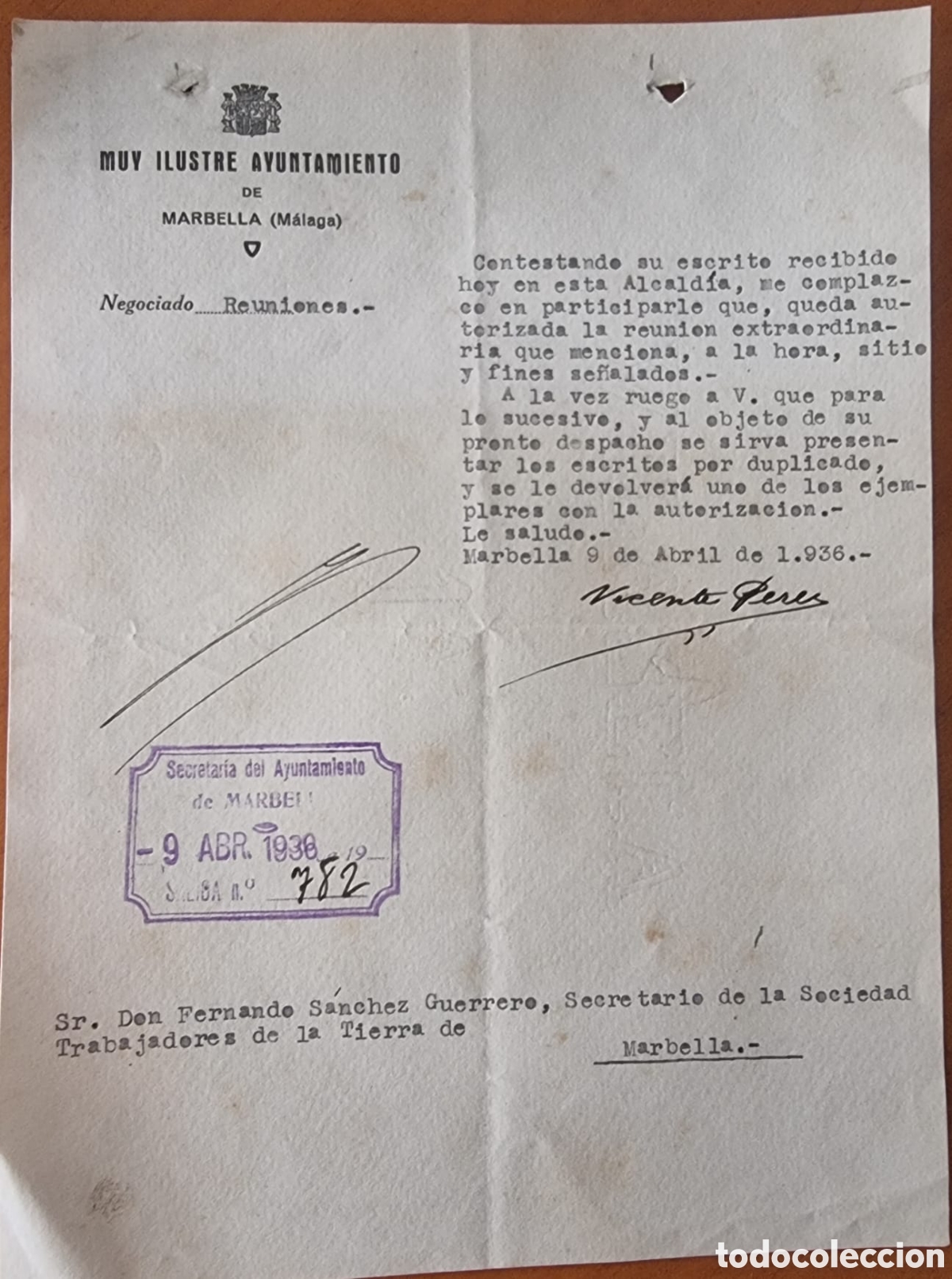 Documentos antiguos: Guerra Civil Marbella M&aacute;laga Trabajadores Tierra UGT documento original