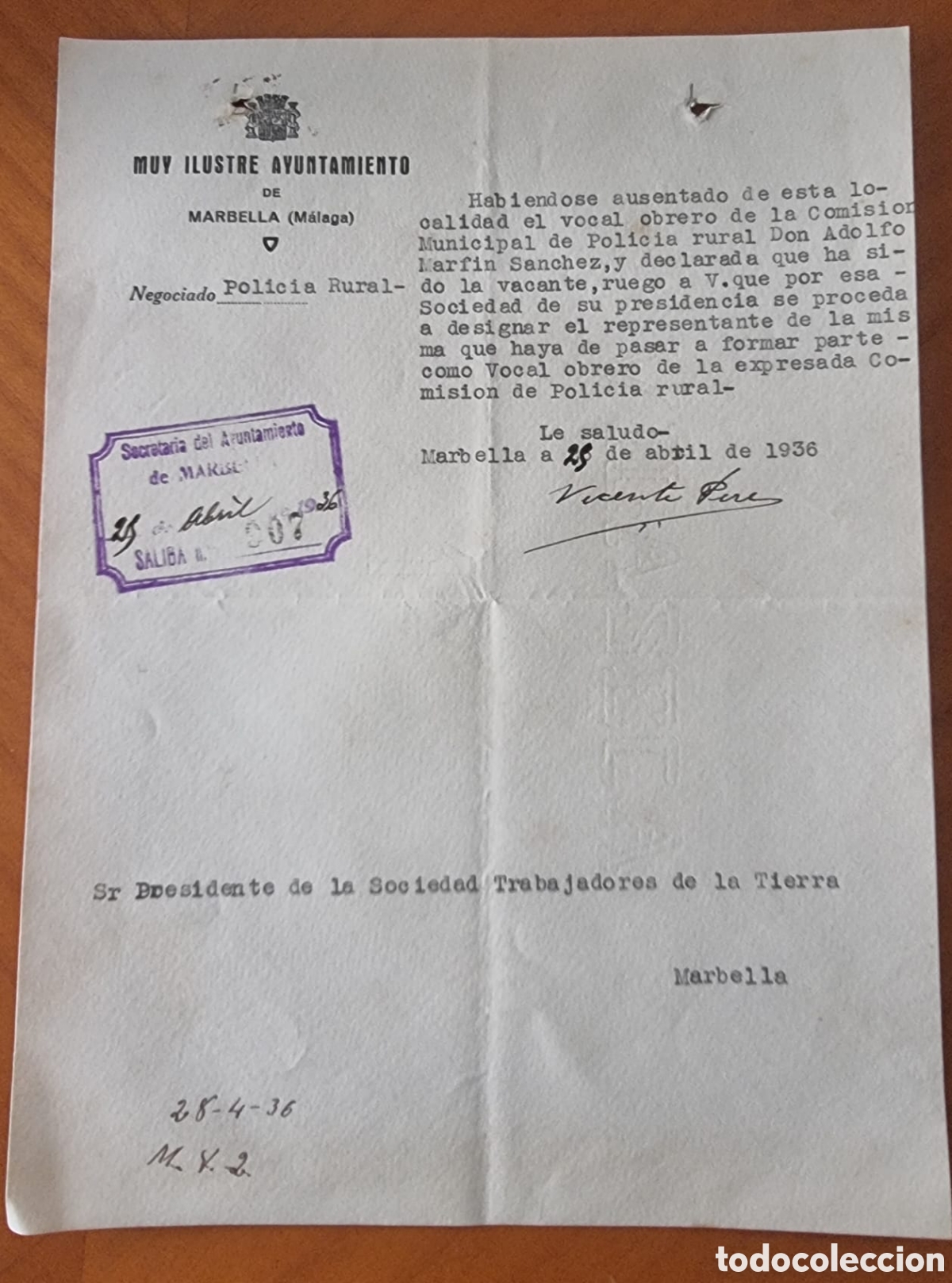 Documentos antiguos: Guerra Civil Ayuntamiento Marbella M&aacute;laga documento original raro