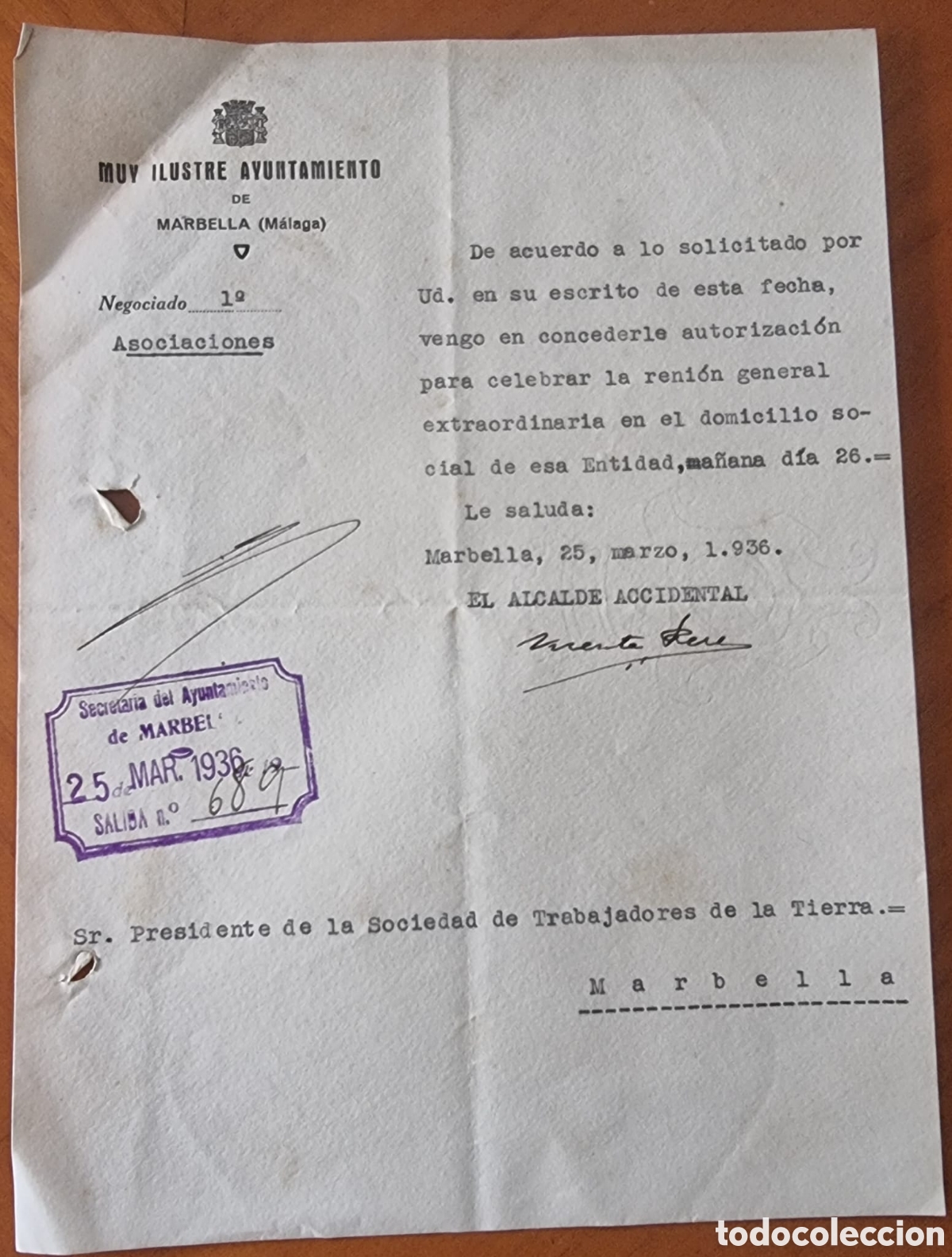 Documentos antiguos: Guerra Civil Ayuntamiento Marbella M&aacute;laga Sociedad Trabajadores Tierra buen documento
