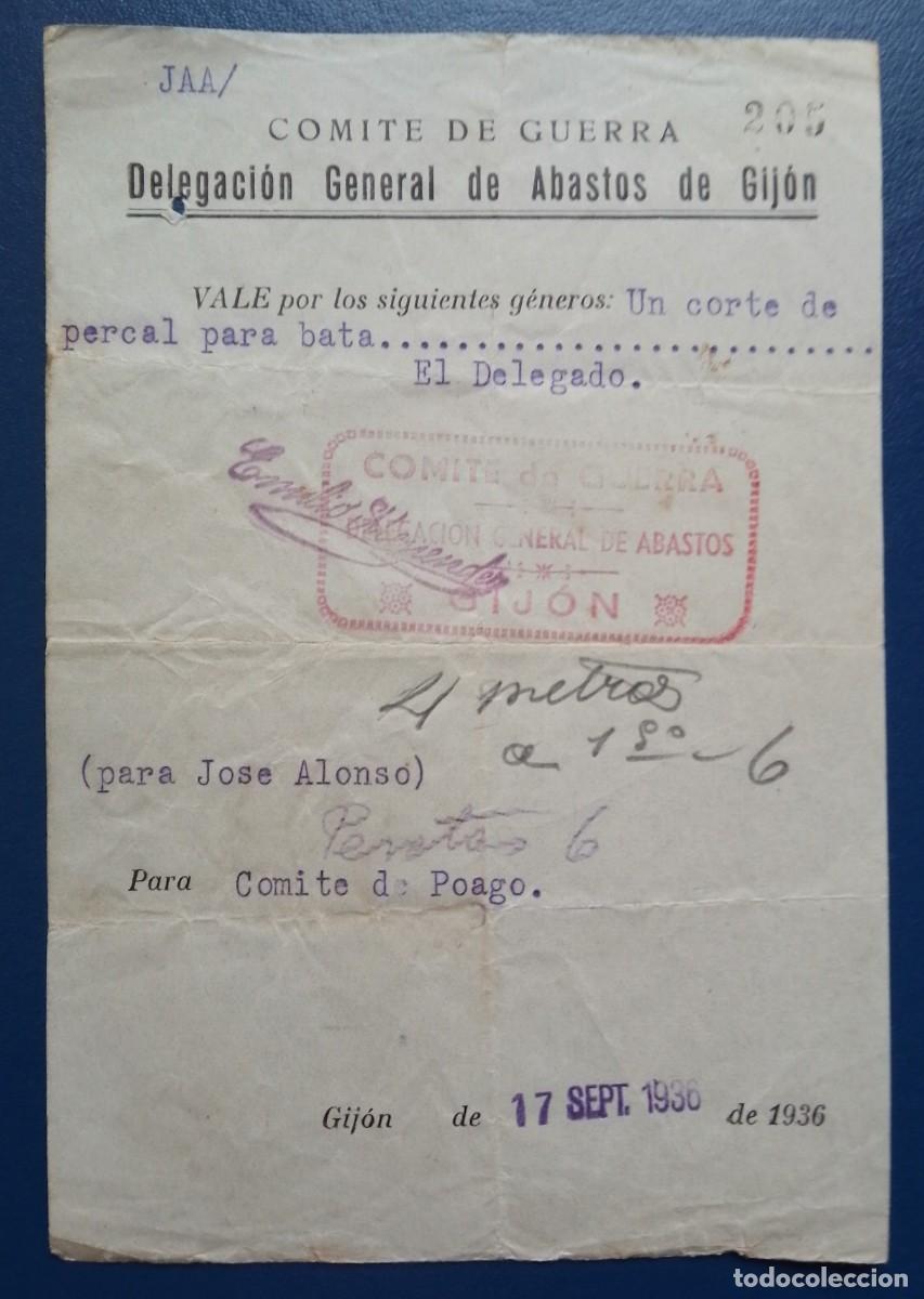 Documentos antiguos: ASTURIAS. Vale de la guerra civil para el comit&eacute; de Poago. Gij&oacute;n. 17 setiembre 1936