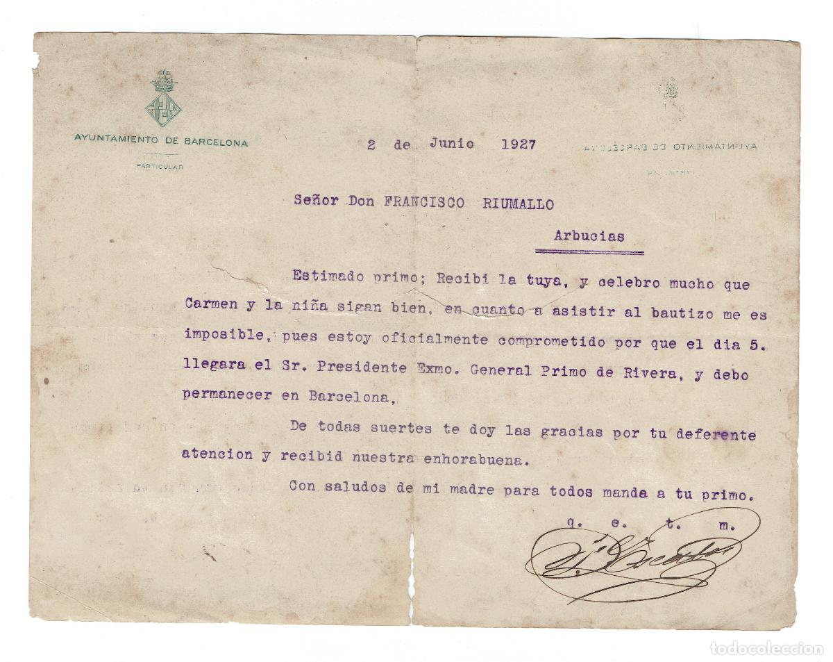 Documentos antiguos: Carta Ajuntament de Barcelona &ndash; Visita Primo de Rivera &ndash; Arb&uacute;cies 1927