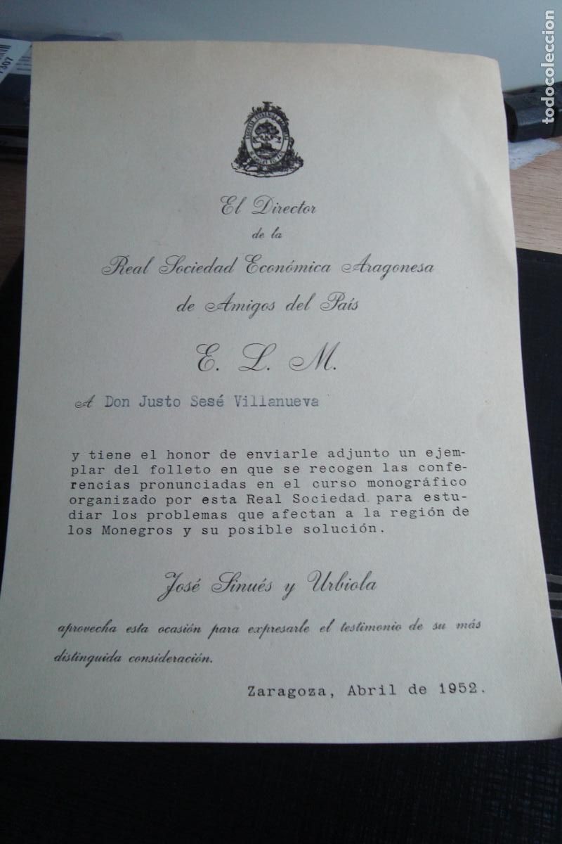 Documentos antiguos: ANTIGUA CARTA DIRECTOR REAL SOCIEDAD AMIGOS PAIS ZARAGOZA 1952. JOSE SINUES URBIOLA
