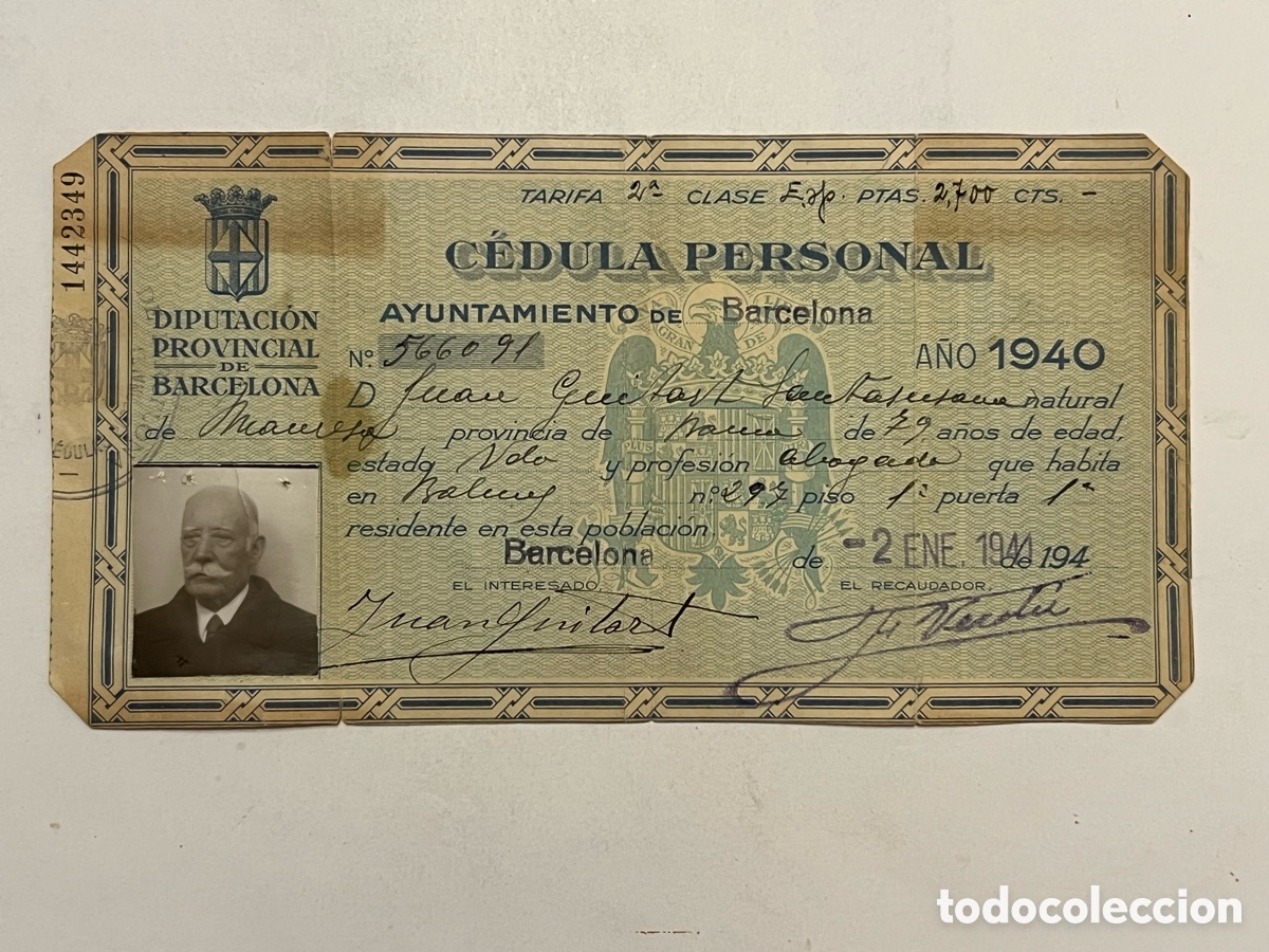 Documentos antiguos: MANRESA. C&eacute;dula Personal Juan Guitart, Abogado.. Enero de 1944, con fotograf&iacute;a