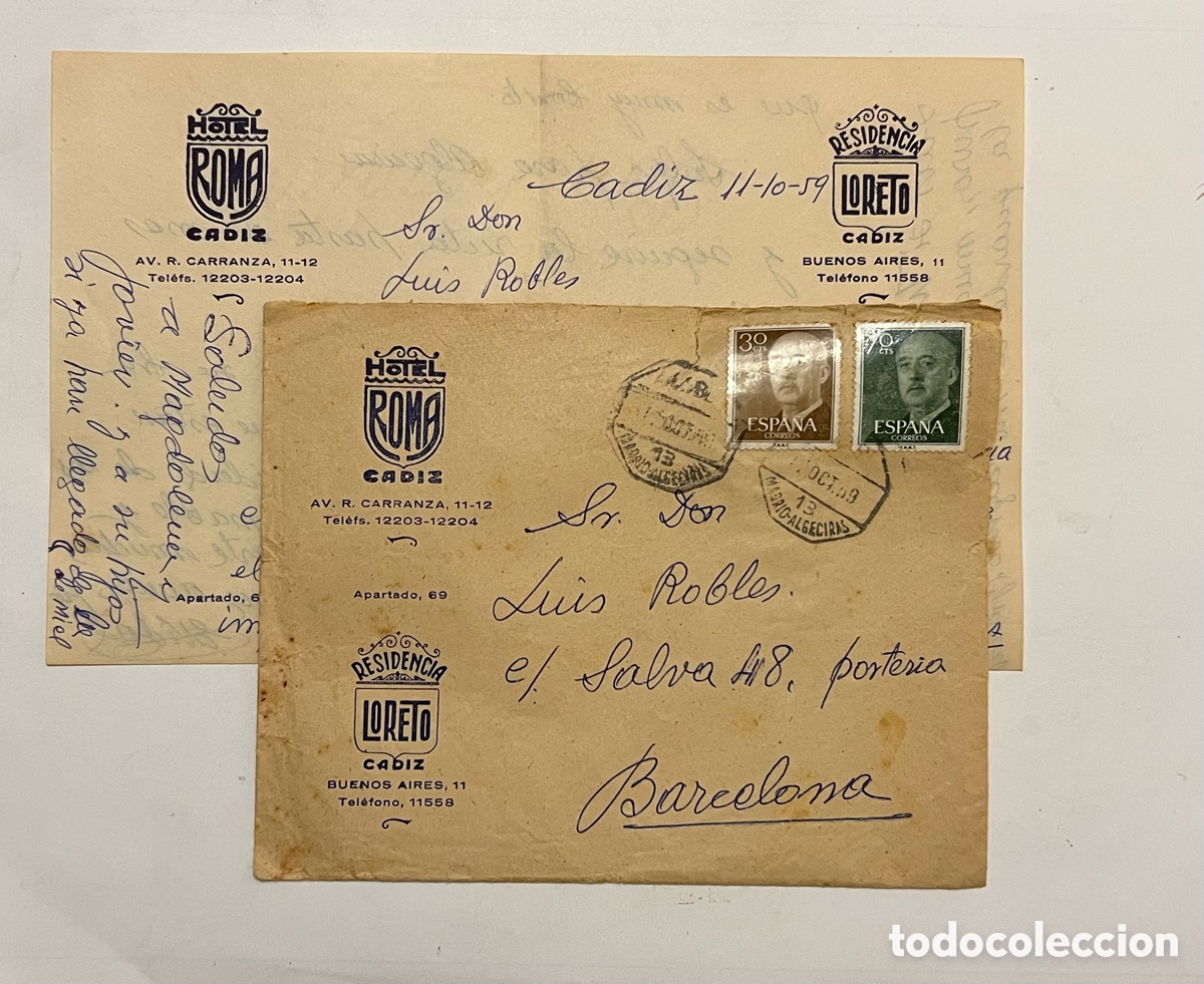 Documentos antiguos: C&Aacute;DIZ. Hotel Roma.. Sobre y carta circulada a Barcelona (a.1959)