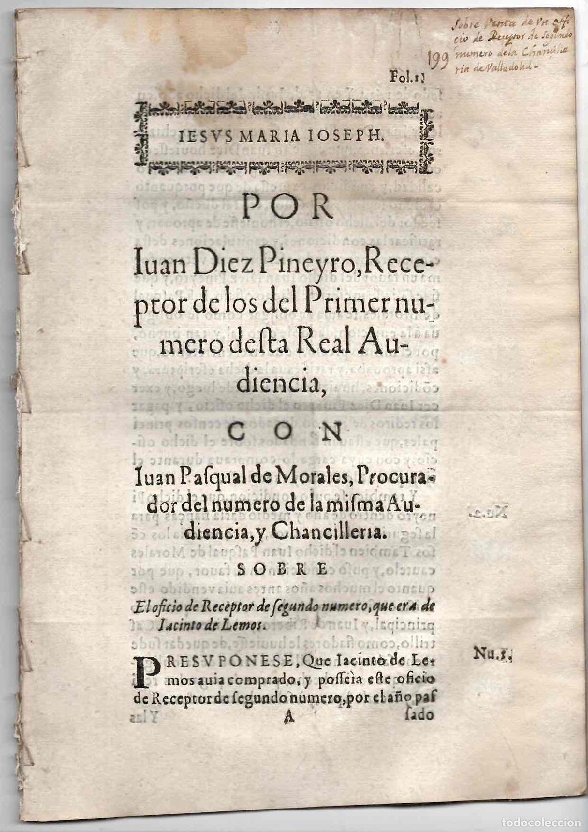 Documentos antiguos: PORCON Alegaci&oacute;n jur&iacute;dica por la venta del oficio de receptor de la Real Audiencia VALLADOLID C.1644