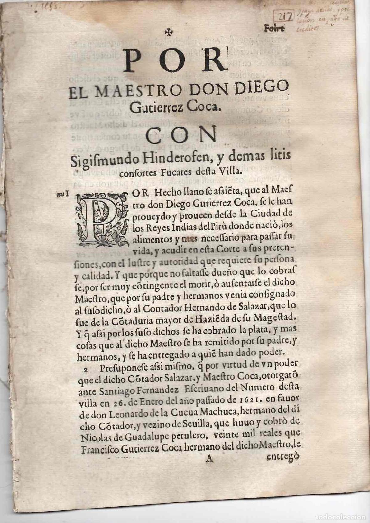 Documentos antiguos: PORCON Alegaci&oacute;n jur&iacute;dica de Diego Guti&eacute;rrez Coca contra los banqueros F&uacute;cares, ca. 1622. PERU