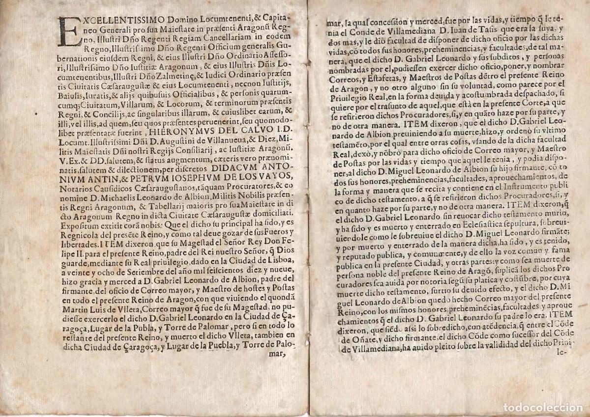 Documentos antiguos: PLEITO RELATIVO A POSESION Y EJERCICIO DE OFICIO DE CORREO MAYOR Y MAESTRO DE POSTAS DE ARAGON 1641