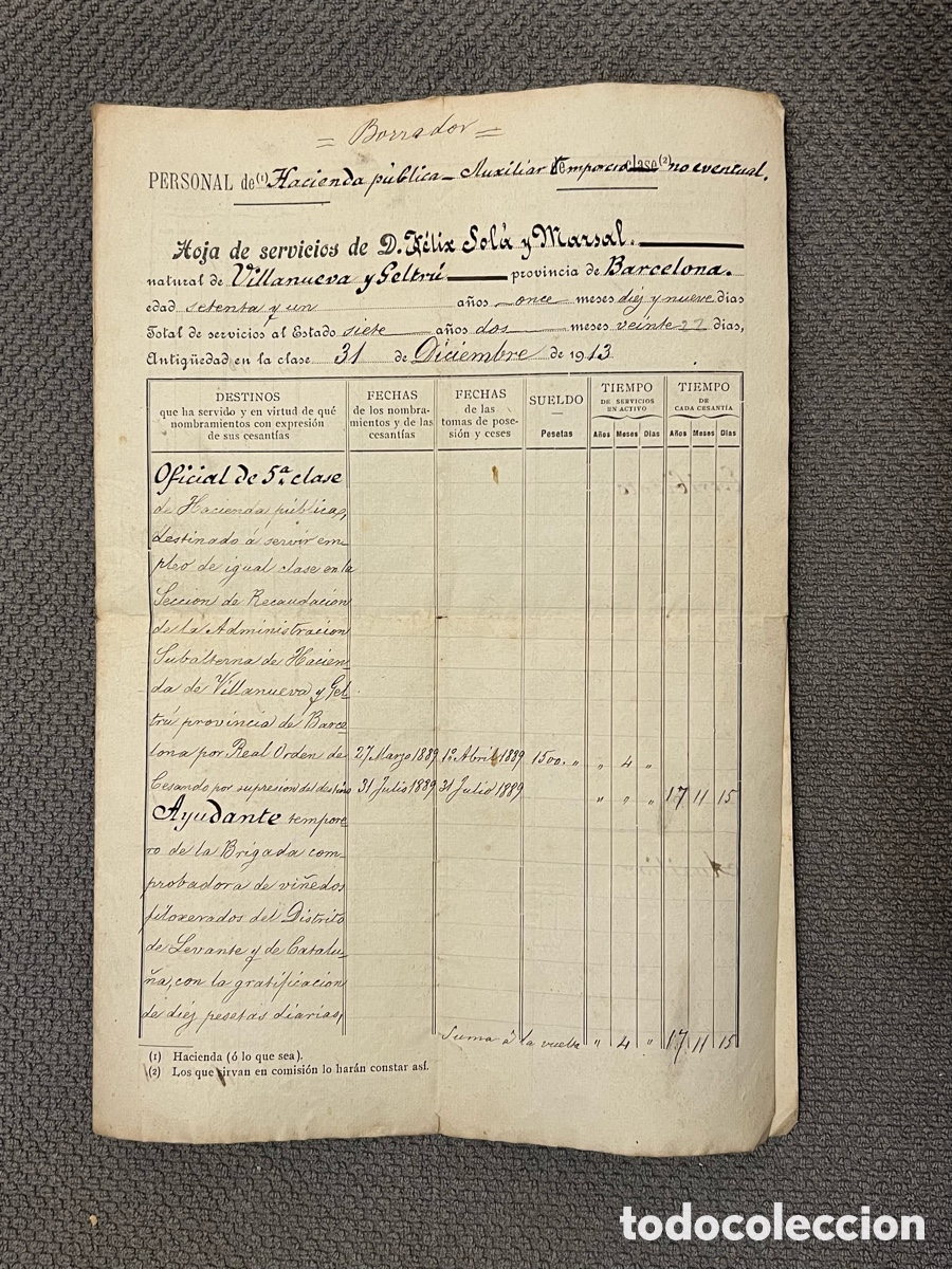Documentos antiguos: PERSONAL DE HACIENDA PUBLICA. Hoja de servicios. Villanueva y Geltr&uacute;-Almer&iacute;a (a.1889-1914)