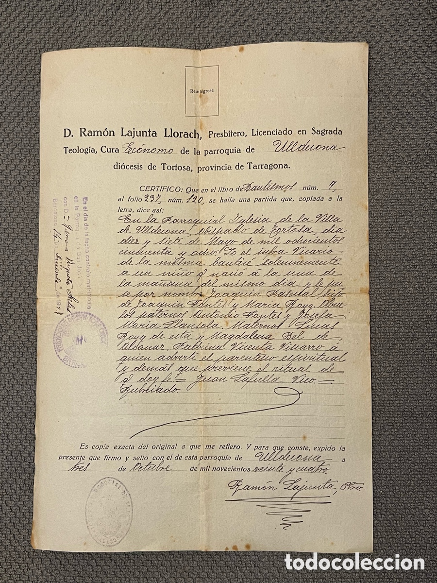 Documentos antiguos: ULLDECONA de la Di&oacute;cesis de Tortosa.. Partida Bautismal de un ni&ntilde;o&hellip;, Octubre de 1924