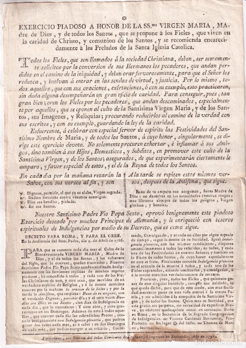 Documentos antiguos: RARO IMPRESO MARIANO DE SANTANDER. 1798. EJERCICIO PIADOSO EN HONOR DE LA VIRGEN. CANTABRIA