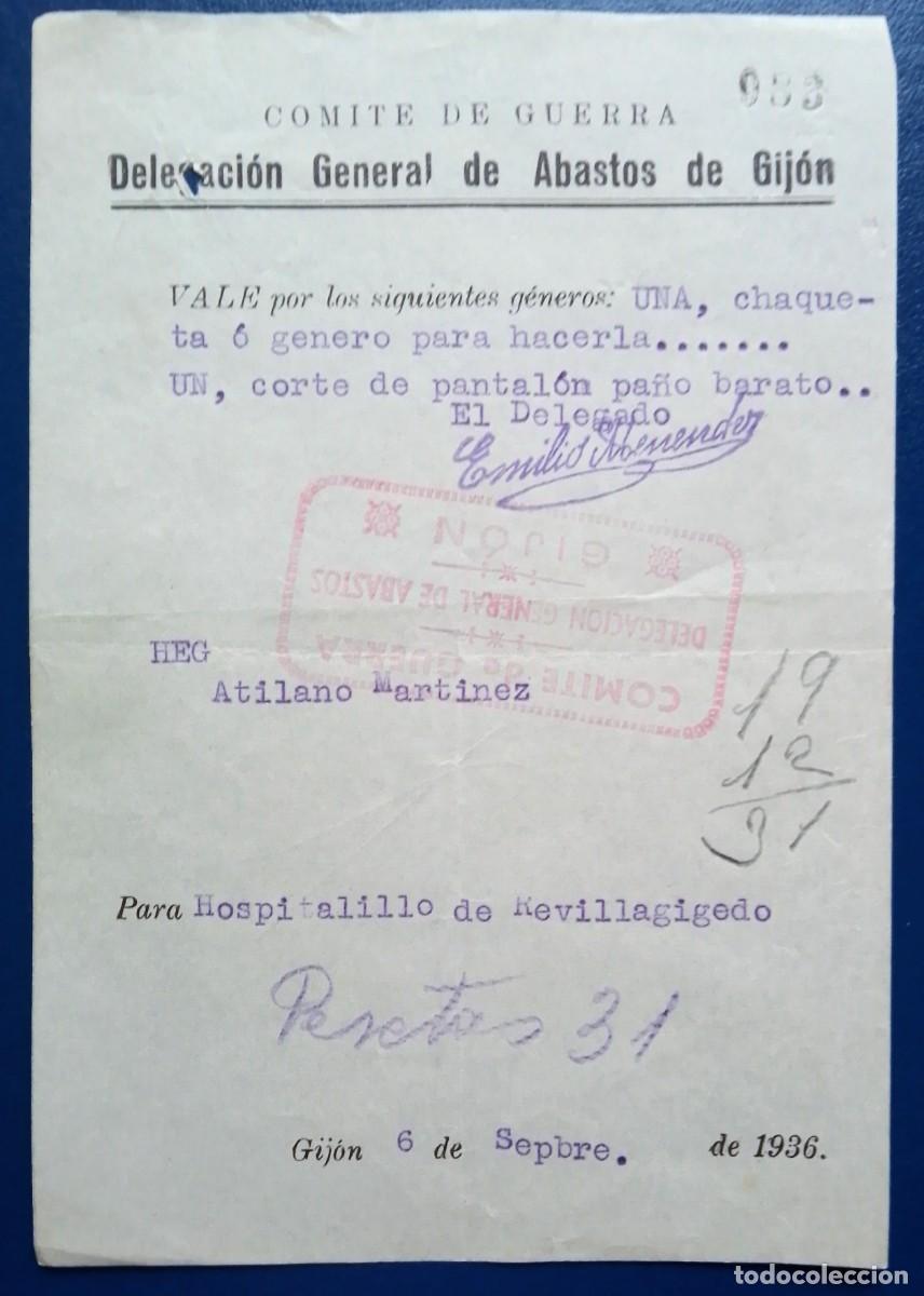 Documentos antiguos: ASTURIAS. Vale de la guerra civil para el Hospitalillo de Revillagigedo. Gij&oacute;n. 6 setiembre 1936