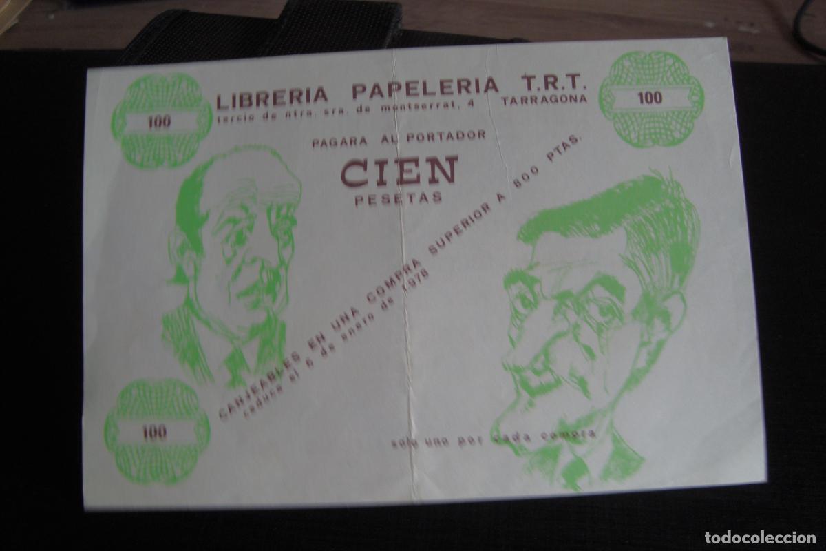 Documentos antiguos: ANTIGUO VALE POR CIEN PESETAS. LIBRERIA PAPELERIA T.R.T TARRAGONA 1978.