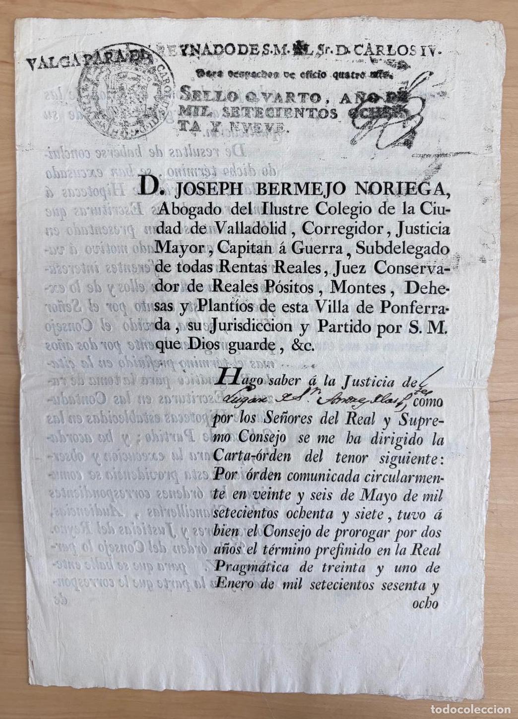 Documentos antiguos: BANDO IMPRESO SOBRE LA PR&Oacute;RROGA DEL REGISTRO DE HIPOTECAS. PONFERRADA, 1789
