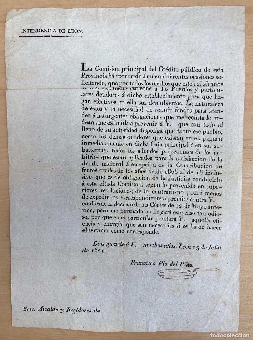 Documentos antiguos: CIRCULAR DE LA INTENDENCIA DE LE&Oacute;N SOBRE EL COBRO DE D&Eacute;BITOS DEL CR&Eacute;DITO P&Uacute;BLICO. 1821