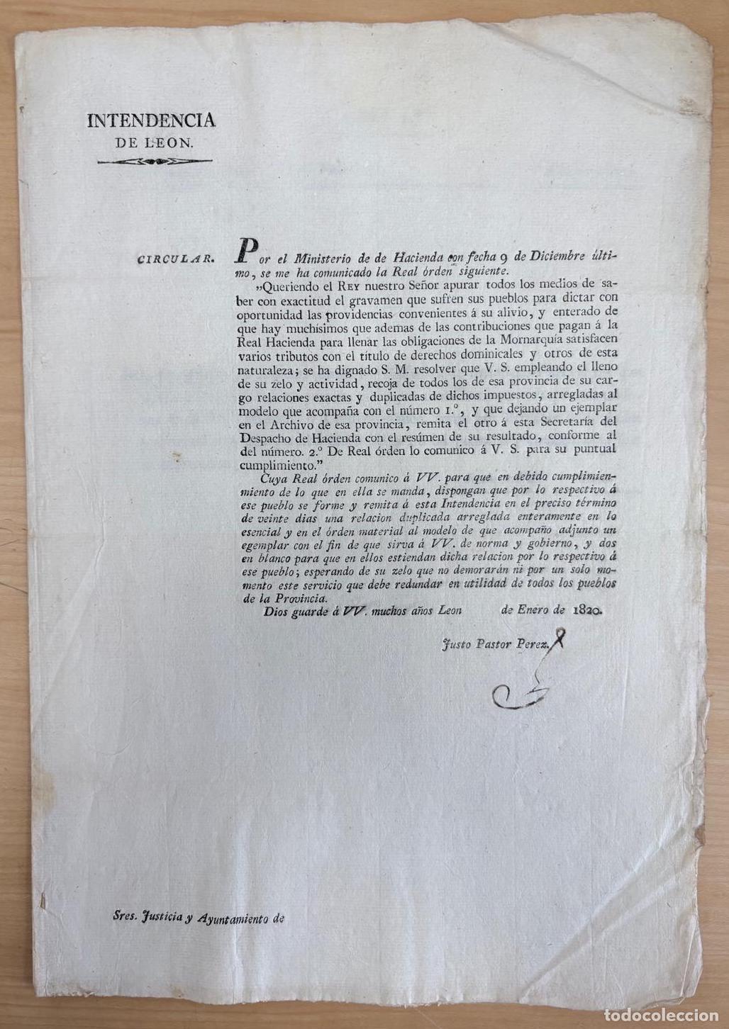 Documentos antiguos: CIRCULAR DE LA INTENDENCIA DE LE&Oacute;N SOBRE LA RELACI&Oacute;N GENERAL DE CARGAS E IMPUESTOS. 1820