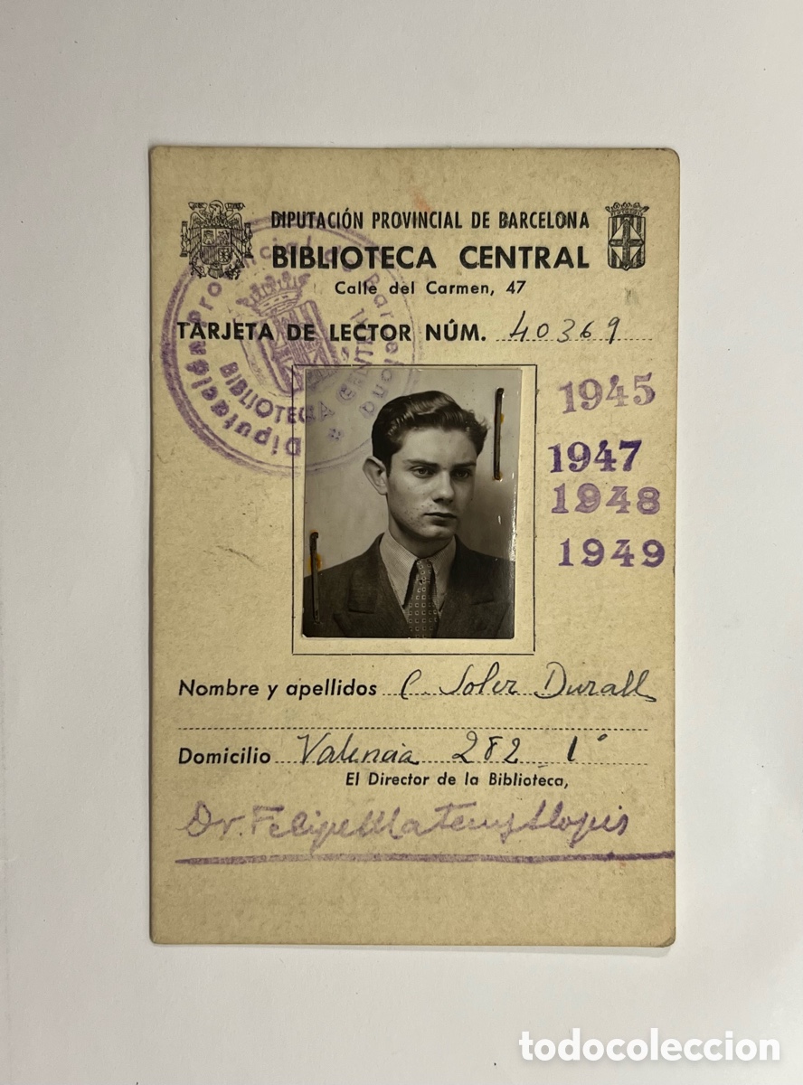 Documentos antiguos: BARCELONA. Diputaci&oacute;n Provincial.. Carnet Tarjeta de lector (a.1945-1949) Medidas: 7,5 x 11,5 cm