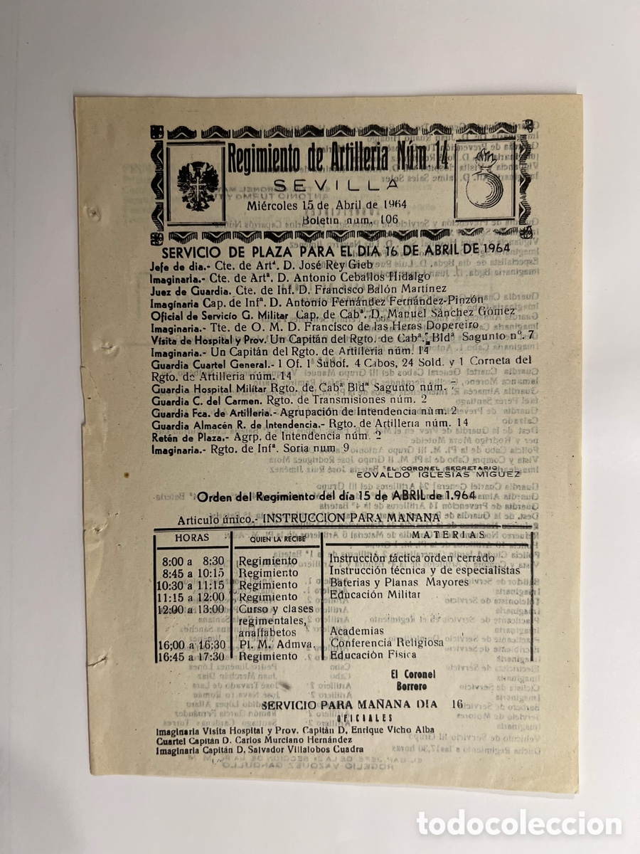 Documentos antiguos: SEVILLA. Regimiento de Artiller&iacute;a No.14, Servicio de Plaza del dia 15 de Abril de 1964 (hoja suelta)