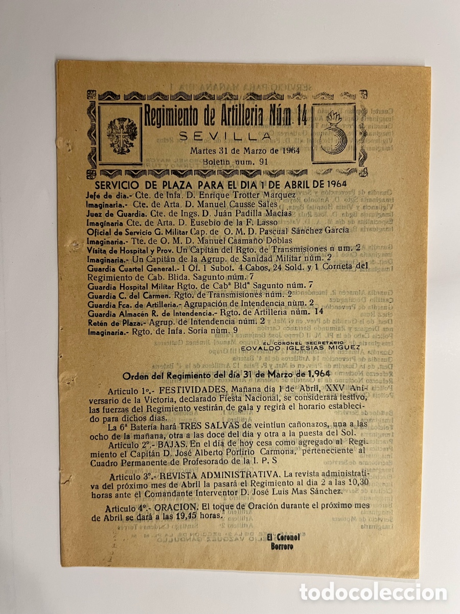Documentos antiguos: SEVILLA. Regimiento de Artiller&iacute;a No.14, Servicio de Plaza del dia 31 de Marzo de 1964 (hoja suelta)