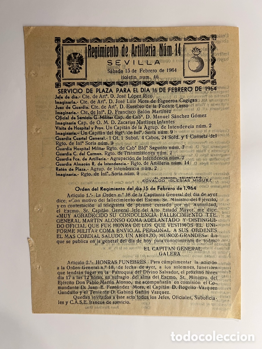 Documentos antiguos: SEVILLA. Regimiento de Artiller&iacute;a No.14, Servicio de Plaza del dia 15 Febrero de 1964 (hoja suelta)