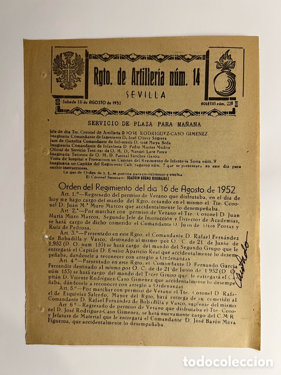 Documentos antiguos: SEVILLA. Regimiento de Artiller&iacute;a No.14, Servicio de Plaza del dia 16 Agosto de 1952 (hoja suelta)