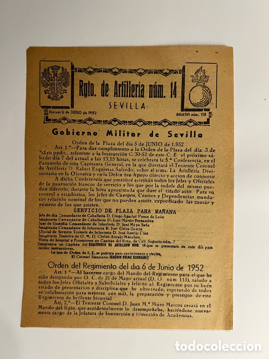 Documentos antiguos: SEVILLA. Regimiento de Artiller&iacute;a No.14, Servicio de Plaza del dia 6 de Junio de 1952 (hoja suelta)