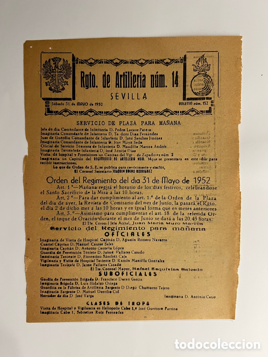 Documentos antiguos: SEVILLA. Regimiento de Artiller&iacute;a No.14, Servicio de Plaza del dia 31 de Mayo de 1952 (hoja suelta)
