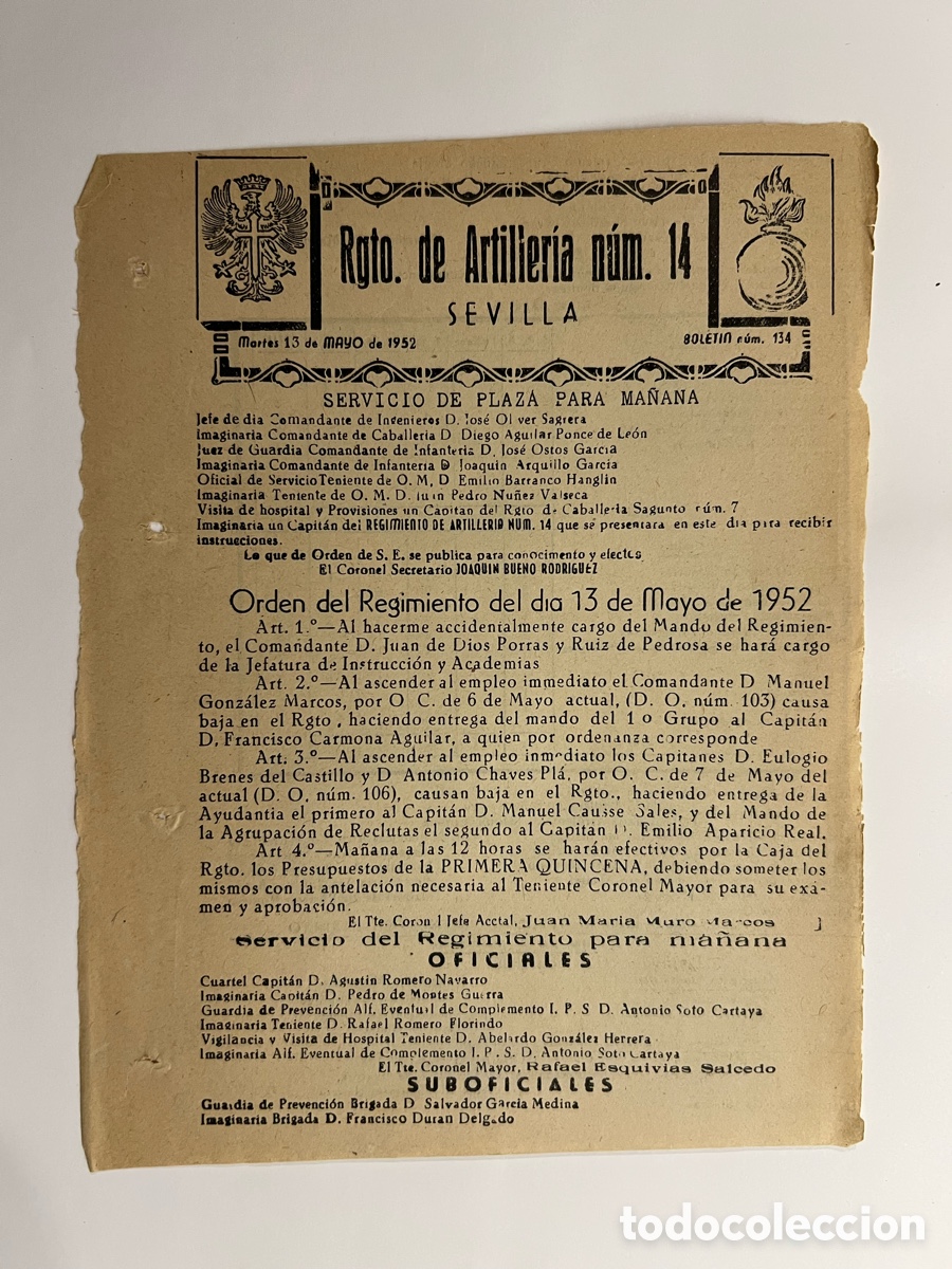 Documentos antiguos: SEVILLA. Regimiento de Artiller&iacute;a No.14, Servicio de Plaza del dia 13 de Mayo de 1952 (hoja suelta)
