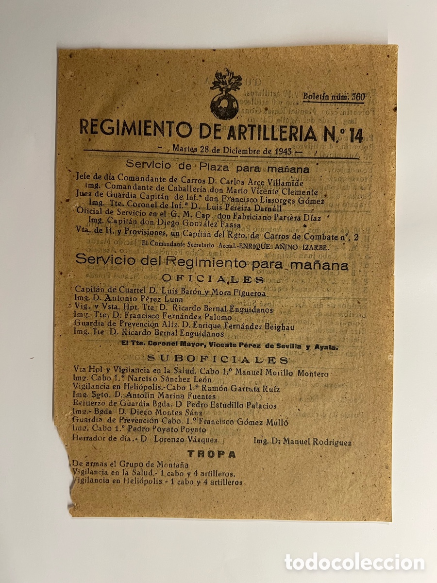 Documentos antiguos: SEVILLA. Regimiento de Artiller&iacute;a No.14, Servicio de Plaza del dia 28 Diciembre 1943 (hoja suelta)
