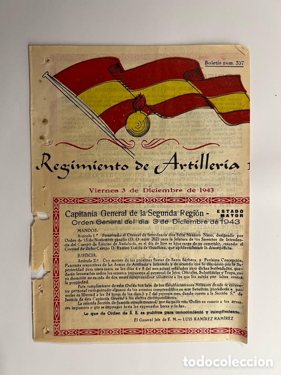 Documentos antiguos: SEVILLA. Regimiento de Artiller&iacute;a No.14, Servicio de Plaza del dia 3 Diciembre 1943 (hoja suelta)