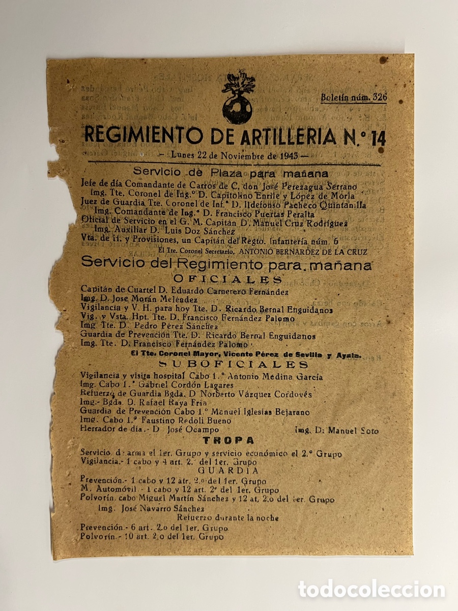 Documentos antiguos: SEVILLA. Regimiento de Artiller&iacute;a No.14, Servicio de Plaza del dia 22 Noviembre 1943 (hoja suelta)