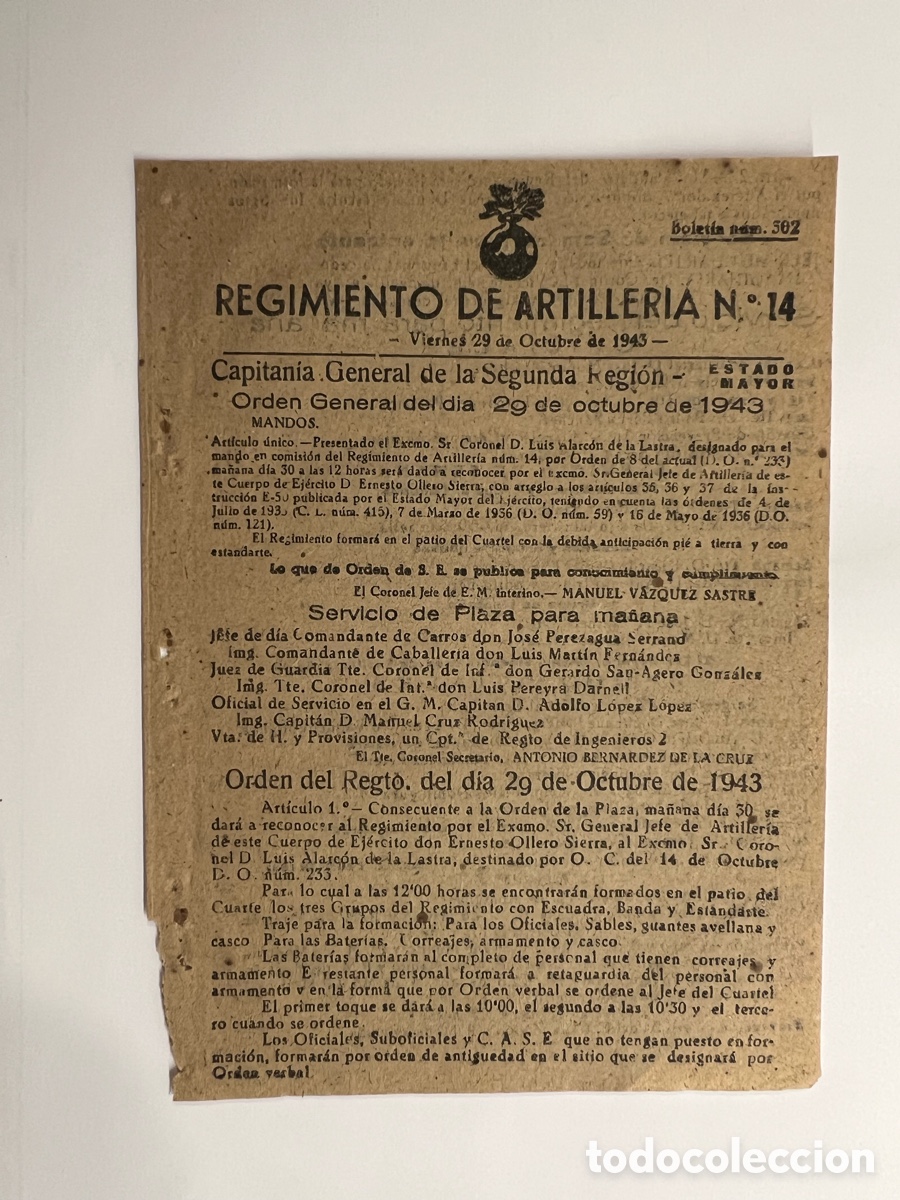 Documentos antiguos: SEVILLA. Regimiento de Artiller&iacute;a No.14, Servicio de Plaza del dia 29 Octubre 1943 (hoja suelta)