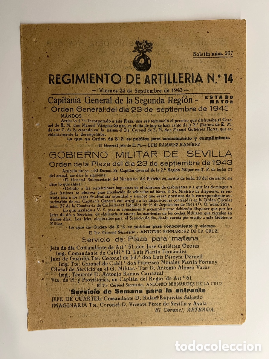 Documentos antiguos: SEVILLA. Regimiento de Artiller&iacute;a No.14, Servicio de Plaza del dia 24 Septiembre 1943 (hoja suelta)