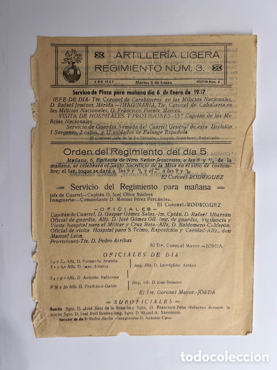 Documentos antiguos: SEVILLA. Regimiento de Artiller&iacute;a No.14, Servicio de Plaza del dia 6 de Enero de 1937 (hoja suelta)
